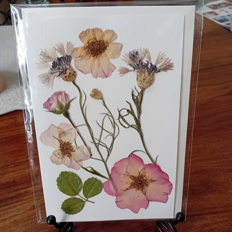Beautifully crafted pressed flower greeting card. Roses, miniature cornflower