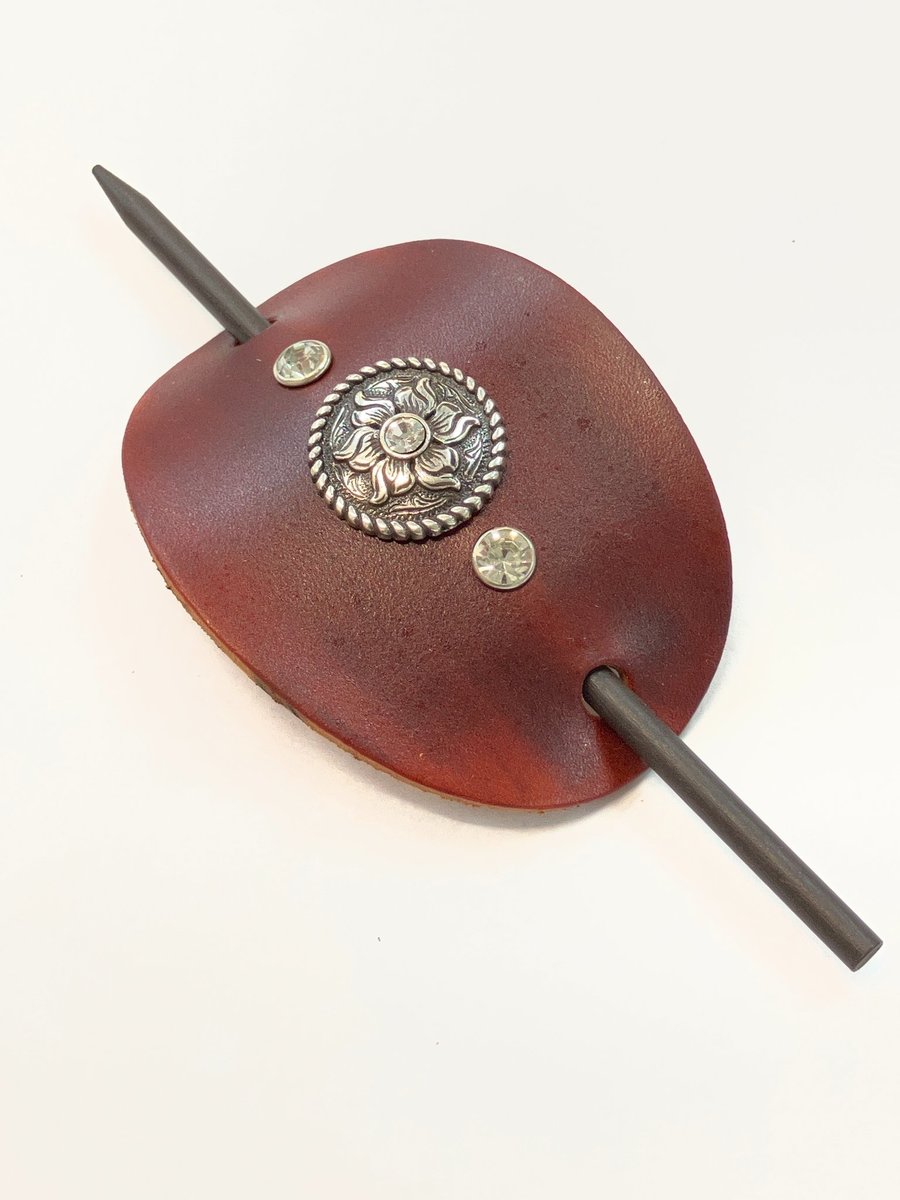 Brown Leather Hair Stick Barrette with Floral centre with 2 Clear Gemstones