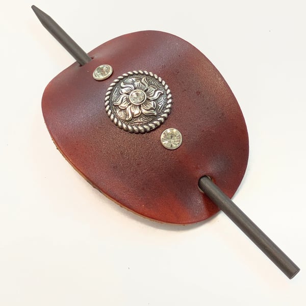 Brown Leather Hair Stick Barrette with Floral centre with 2 Clear Gemstones