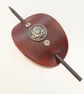 Brown Leather Hair Stick Barrette with Floral centre with 2 Clear Gemstones
