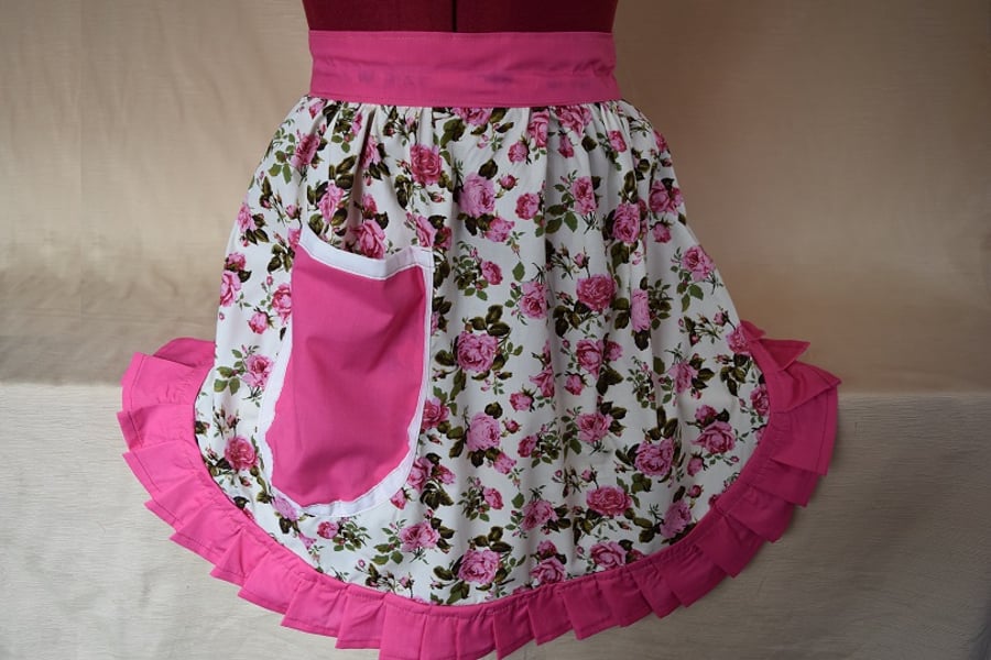 Vintage 50s Style Half Apron Pinny - Pink Roses with Pink Trim