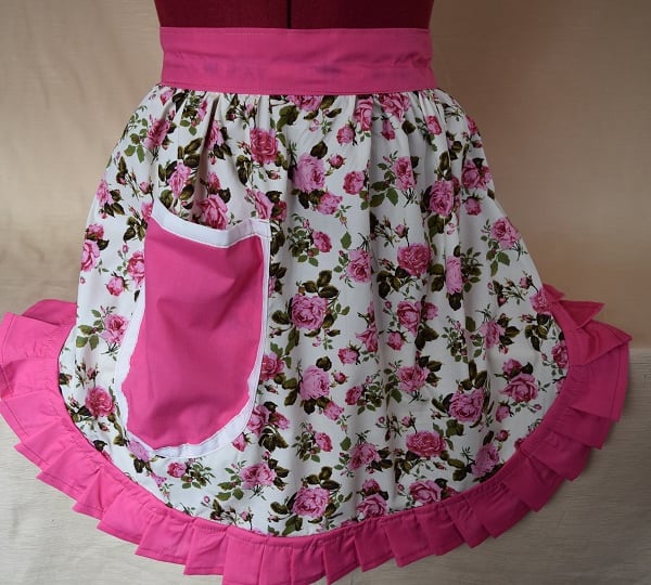 Vintage 50s Style Half Apron Pinny - Pink Roses with Pink Trim