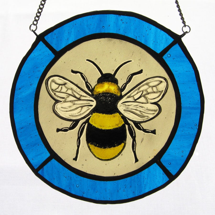 Bumble Bee & Turquoise Blue Stained Glass Roundel