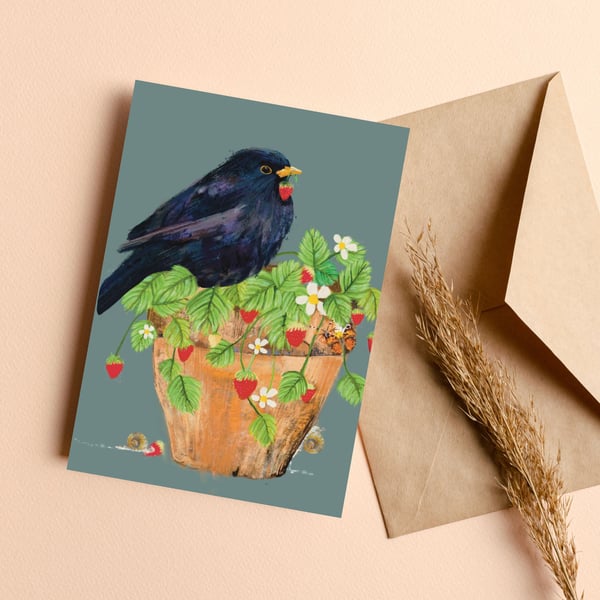Blank card garden bird Blackbird strawberry thief card