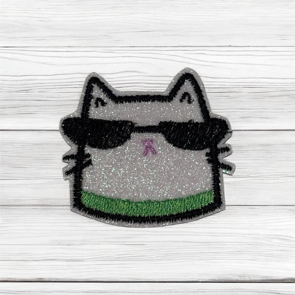 Cool Cat Sparkle – Embroidered Patch on White Glitter Felt
