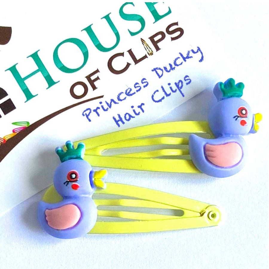 Princess Ducky Hair Clips x2 - Duck Non Slip Barrettes - Great Gift For Girls - 