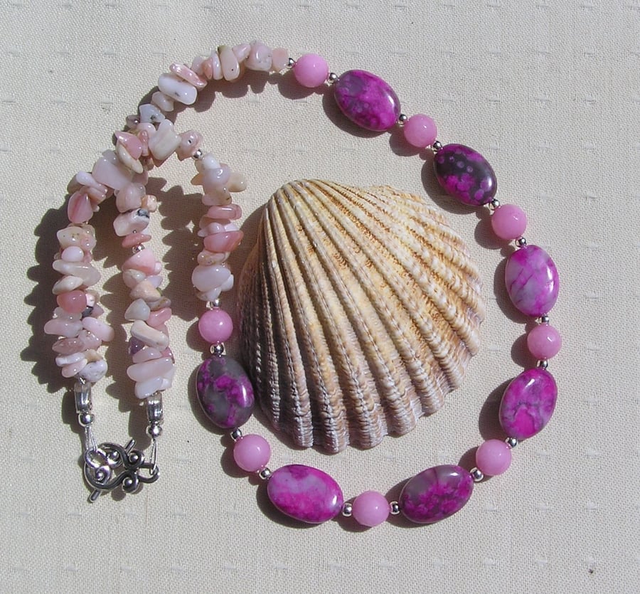 Rhodonite, Morganite & Pink Opal Crystal Gemstone Beaded Necklace