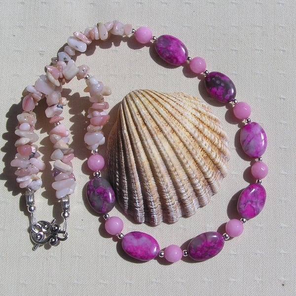 Rhodonite, Morganite & Pink Opal Crystal Gemstone Beaded Necklace