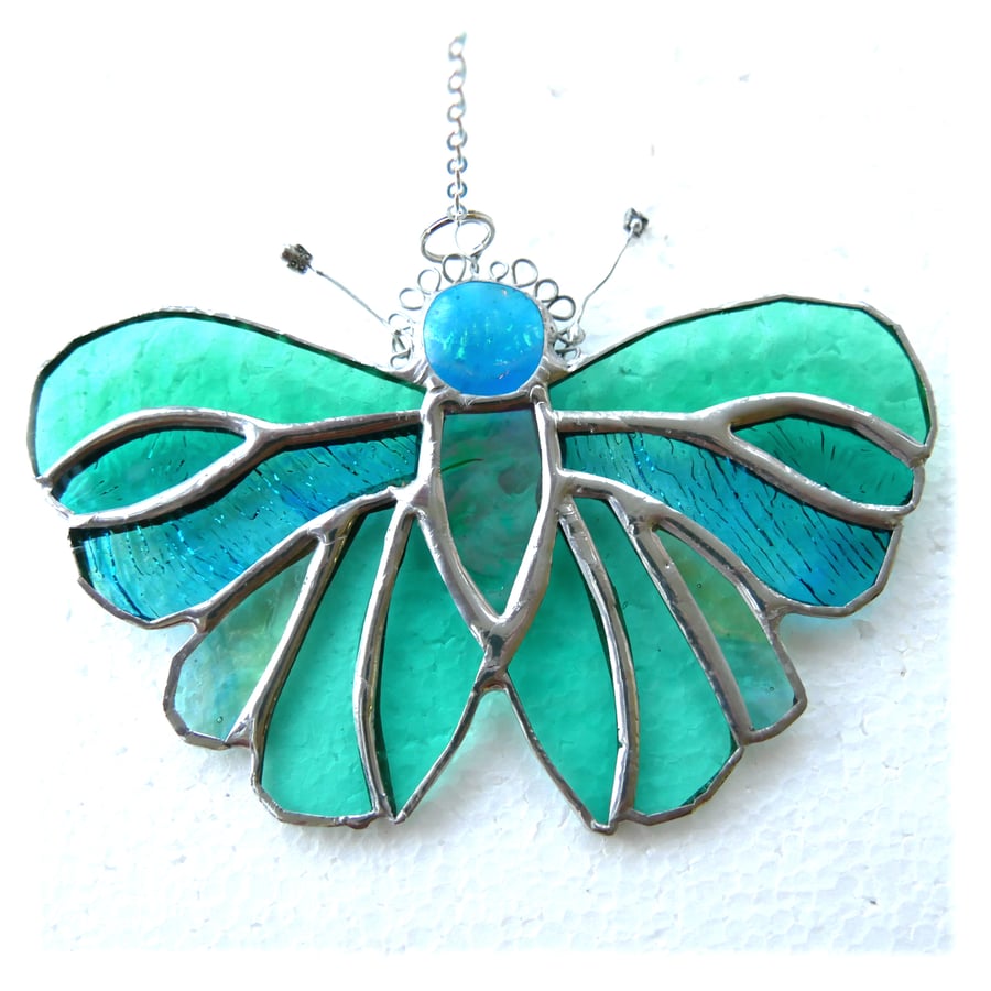 Teal Butterfly Suncatcher Stained Glass Handmade 