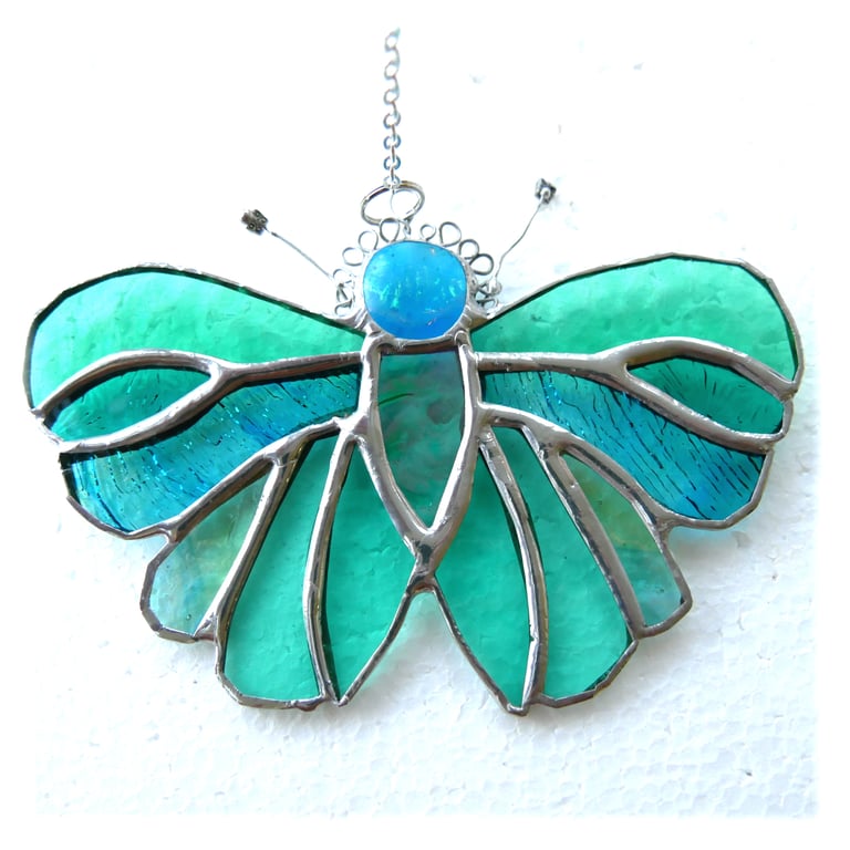 Teal Butterfly Suncatcher Stained Glass Handmade 