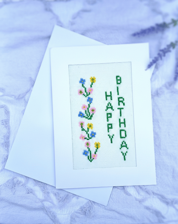 Handmade Cross Stitch Happy Birthday Card - Embroidered Wildflowers Design