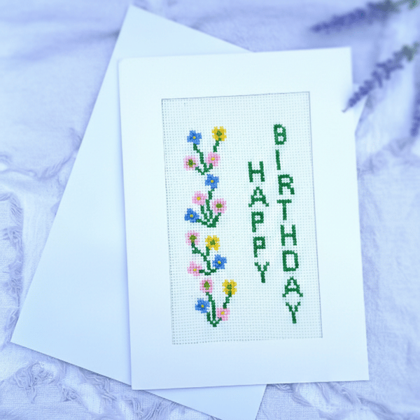 Handmade Cross Stitch Happy Birthday Card - Embroidered Wildflowers Design