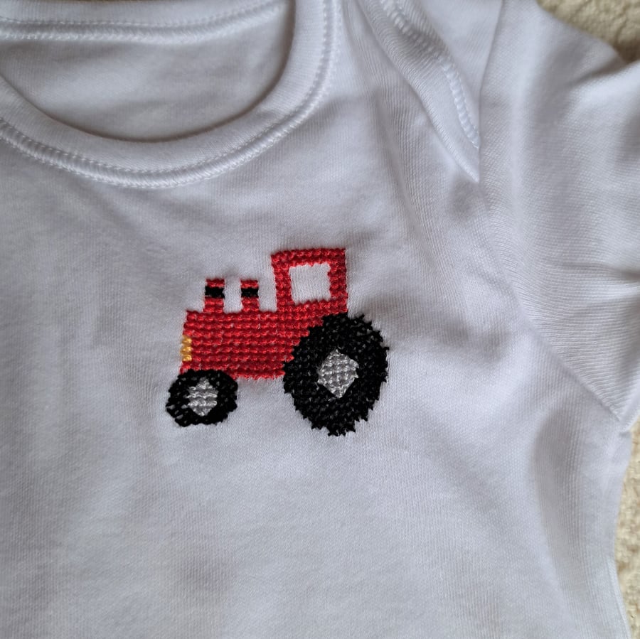 Tractor Vest, age 3-6 Months, hand embroidered, cross stitch