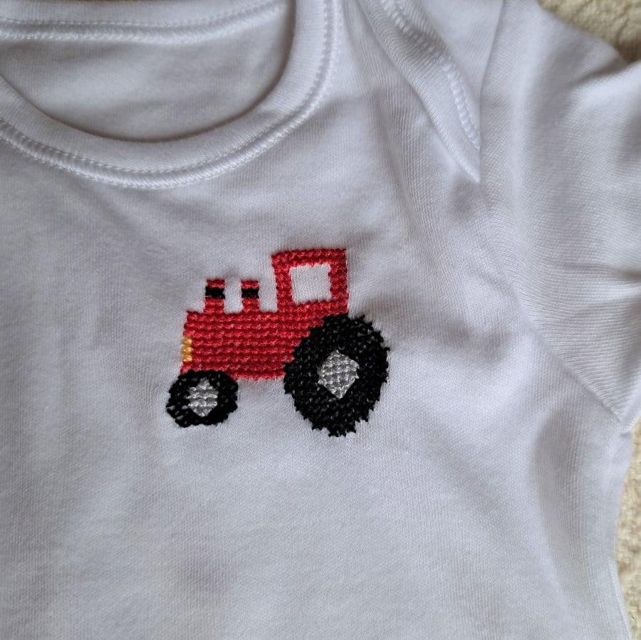 Tractor, Vest, age 3-6 Months, hand embroidered, cross stitch
