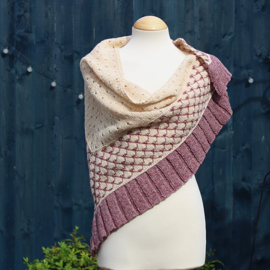 Hand knit beaded shawl in corn and burgundy tweedy mixed yarn - design F310