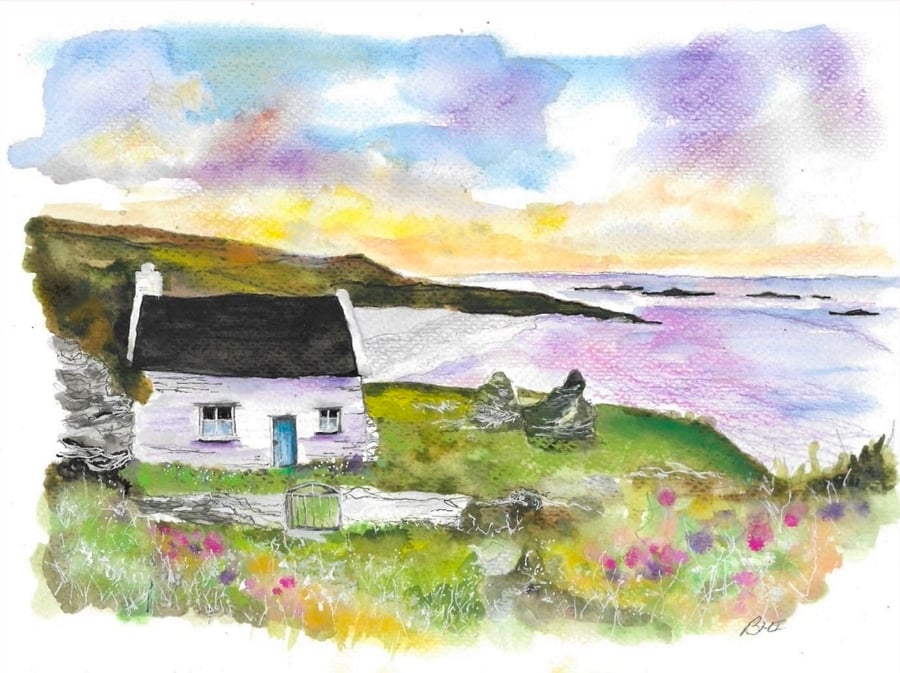 Cottage by the coast original watercolour painting