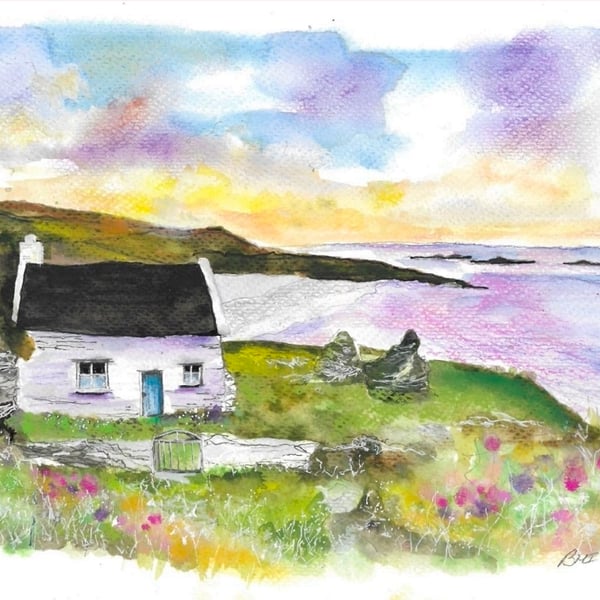 Cottage by the coast original watercolour painting