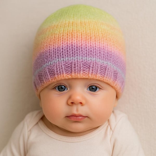 Hand Knitted Baby Hat for Girls, Pastel Stripes, Newborn Essential, Winter 