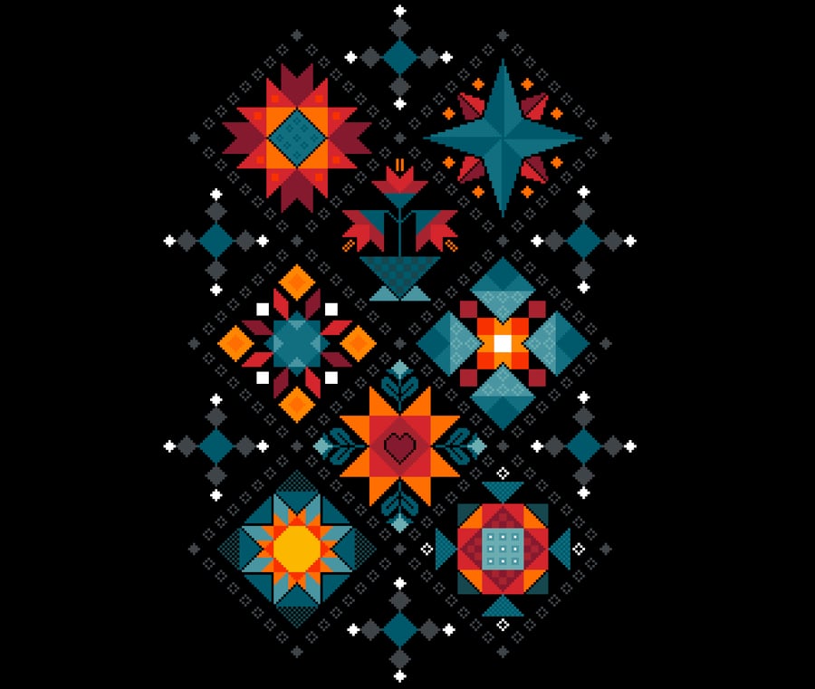 043D - Cross Stitch Shaker Patchwork - Small Colourful Amish Barn Quilt on black