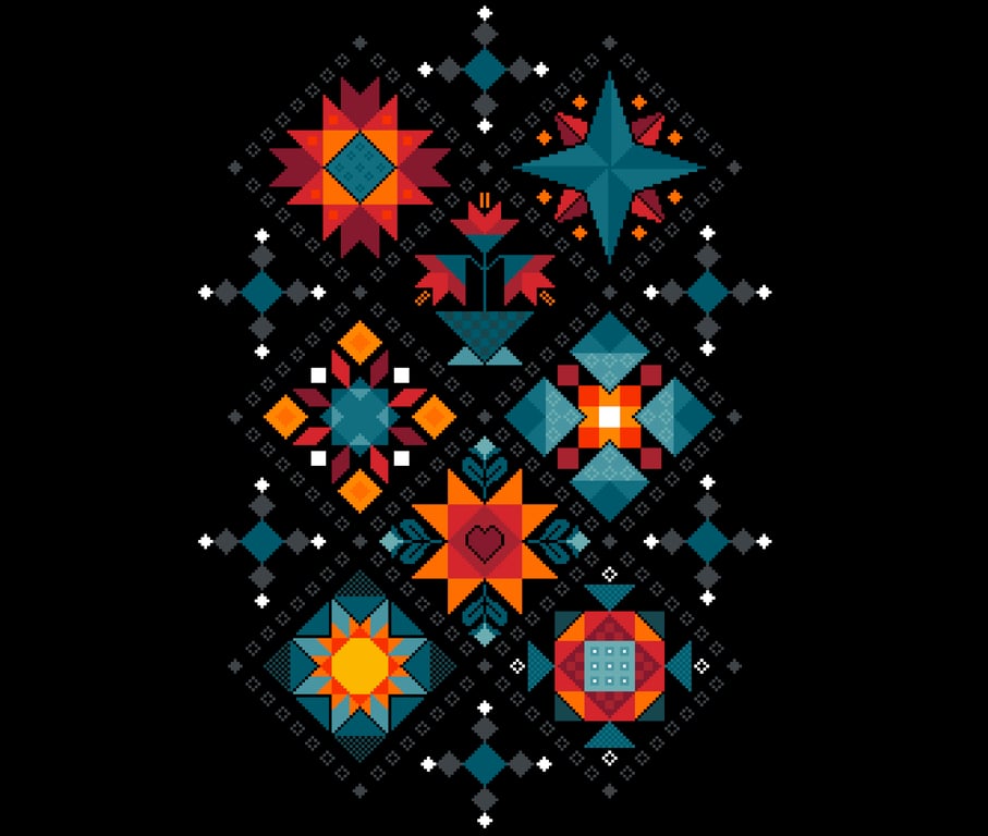 043D - Cross Stitch Shaker Patchwork - Small Colourful Amish Barn Quilt on black