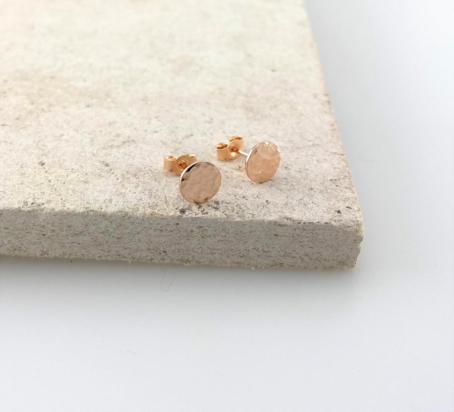 9ct Red Gold Hammered Disc Stud Earrings
