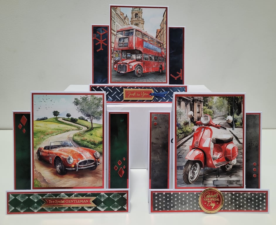 Set of 3 Multi Occasion Masculine Greetings Card - Racing Red Stepper Cards