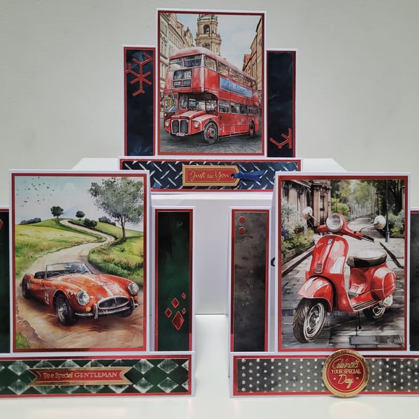 Set of 3 Multi Occasion Masculine Greetings Card - Racing Red Stepper Cards