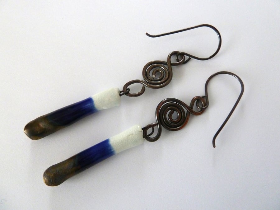 blue ceramic and copper earrings