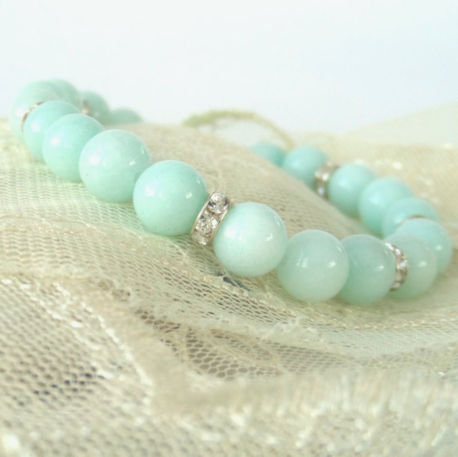 Aqua jade and crystal rondelle stretchy bracelet