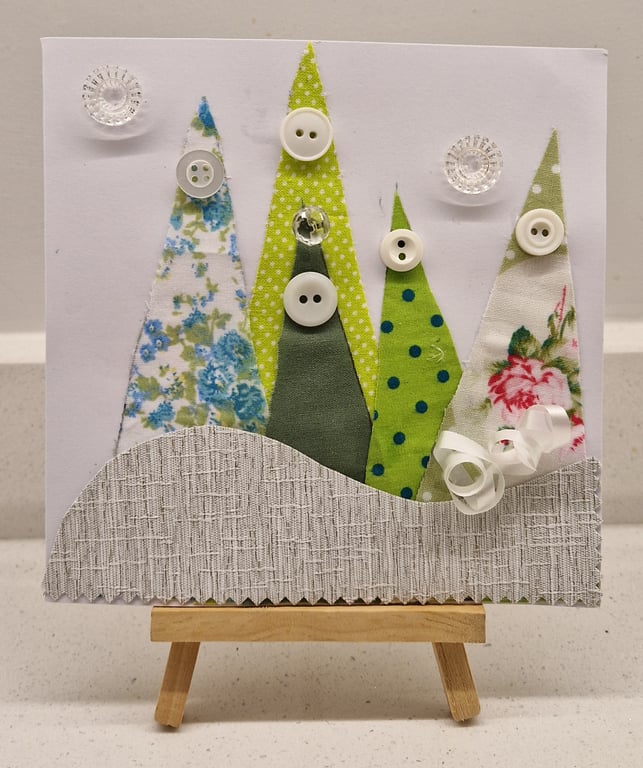 'Trees' Christmas card fabric & buttons handmade