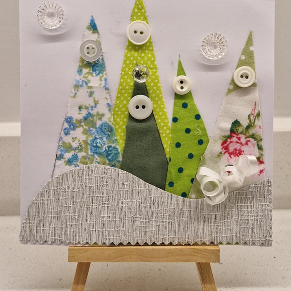 'Trees' Christmas card fabric & buttons handmade