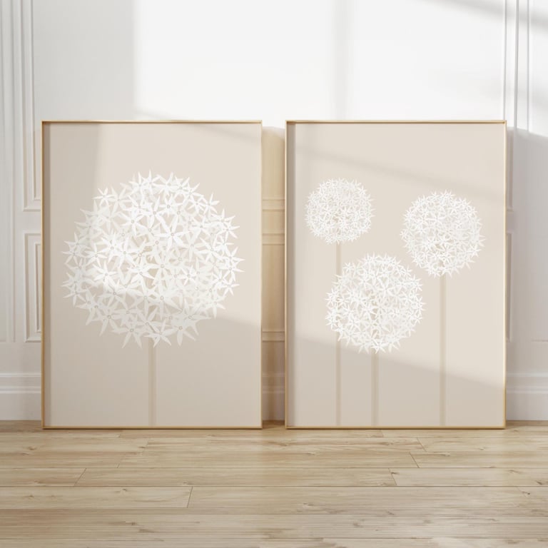 Set of 2 Minimalist Allium Flower Prints – Soft White and Beige Botanical Art