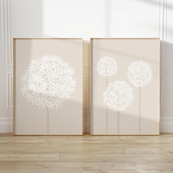 Set of 2 Minimalist Allium Flower Prints – Soft White and Beige Botanical Art