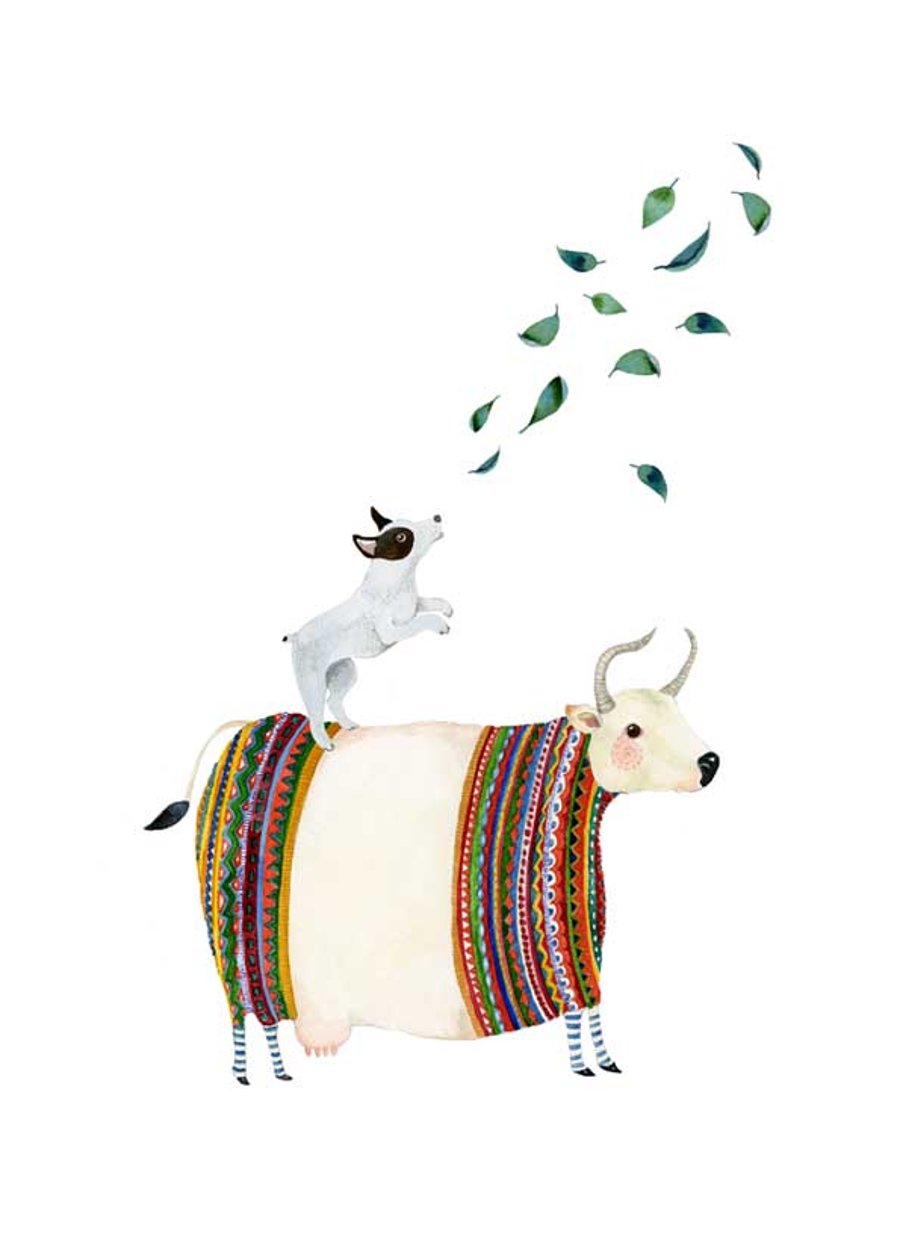 Dog print Dog and Cow in knitwear A4 Giclee illustration print
