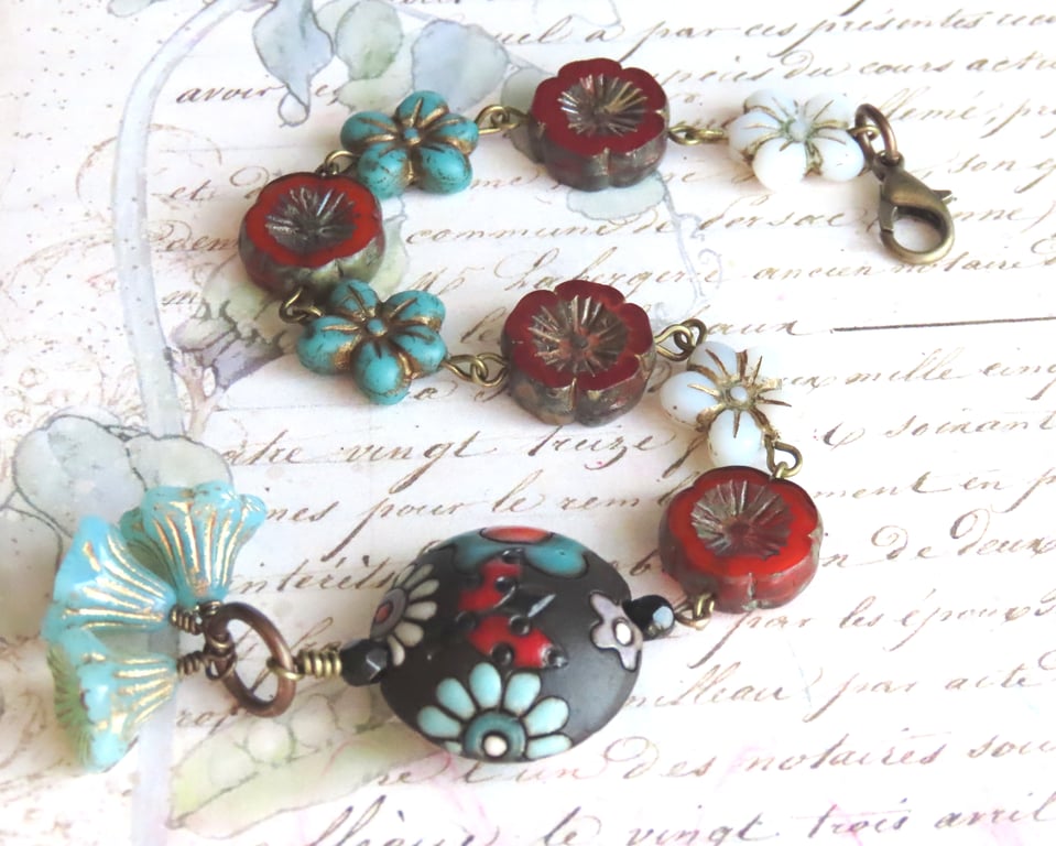  Handmade Ceramic Golem Studio Flower and Ladybird Bead Bracelet