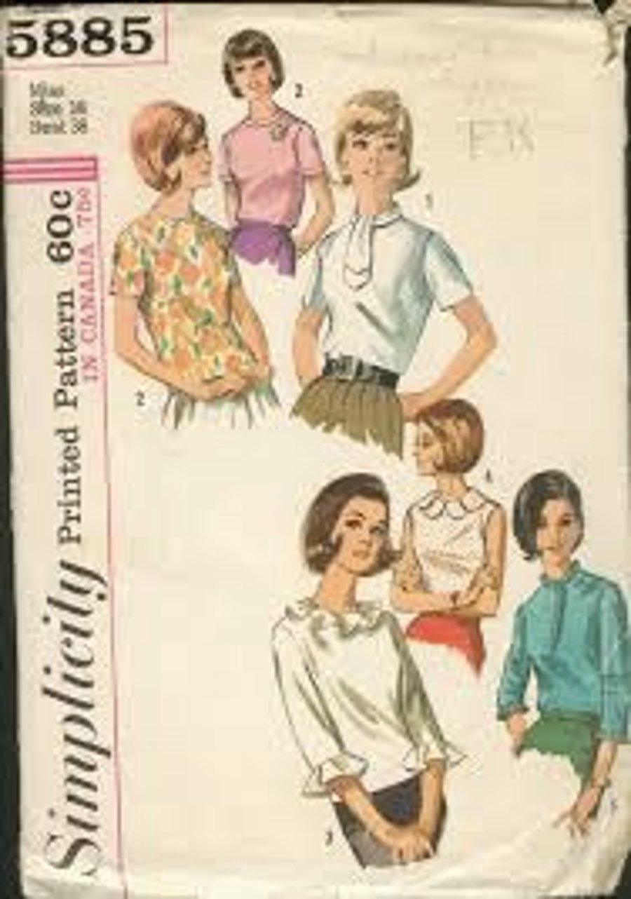 Vintage SIMPLICITY 5885 Sewing Pattern: 5 Blouses size 18 (Uncut & Complete)