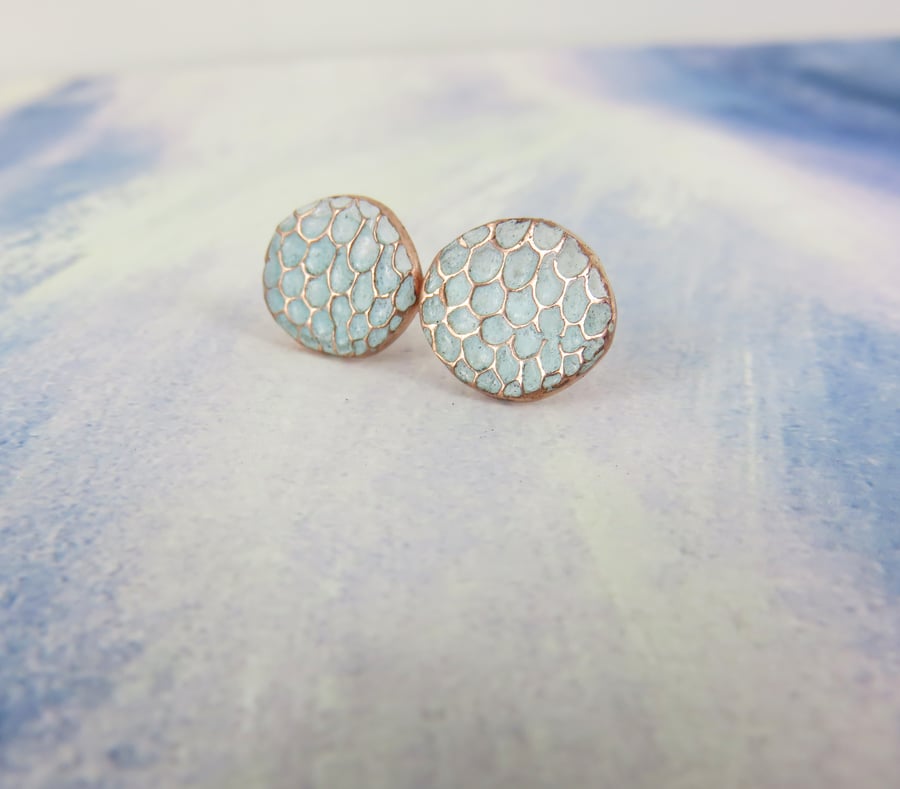 Oval Copper Studs with White and Light Blue Enamel