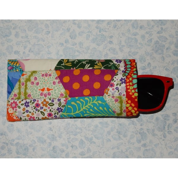 Glasses case - patchwork pink green and red slip in style