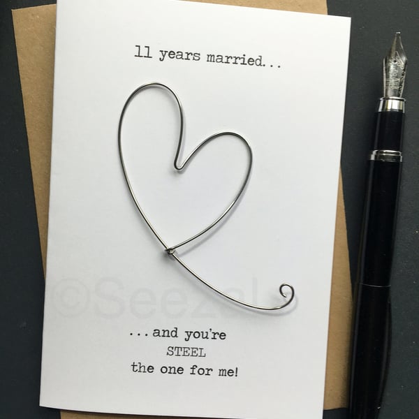 11th Wedding Anniversary Keepsake Card STEEL the one for me! Wire Heart 11 Years