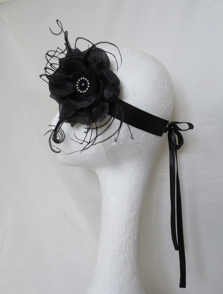 Black Rose Flower and Feather Crystal Vintage Style Flapper Headband