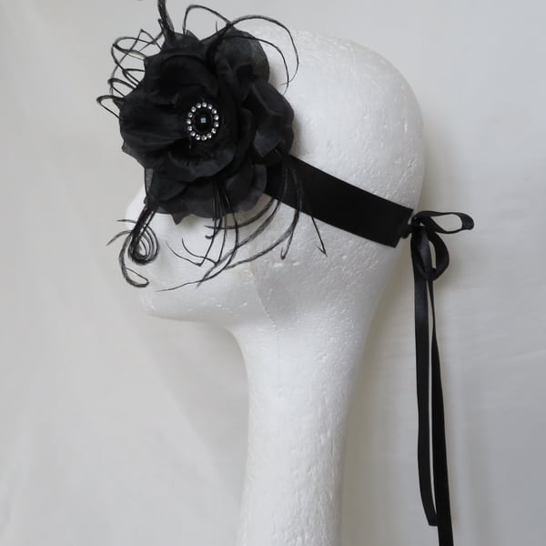 Black Rose Flower and Feather Crystal Vintage Style Flapper Headband