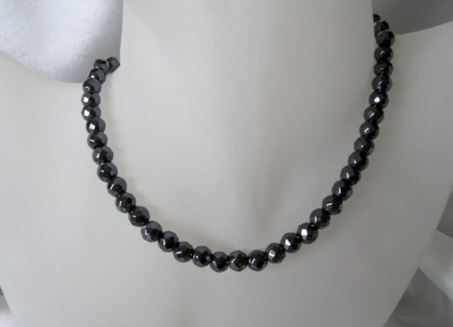 Faceted Hematite Bead Sterling Silver Slim Unisex Necklace