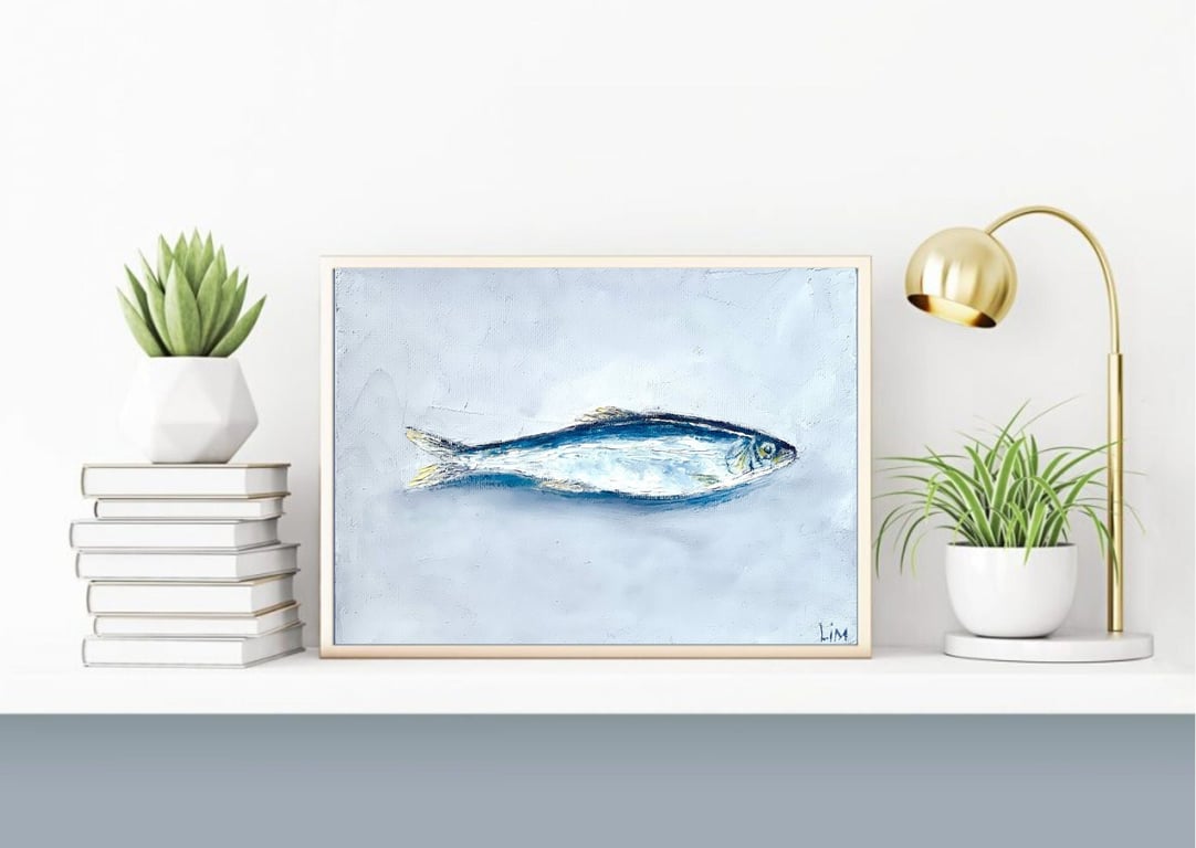Sardine Art Original Oil Painting Kitchen Wall Art Small Decor on Canvas 8x6"