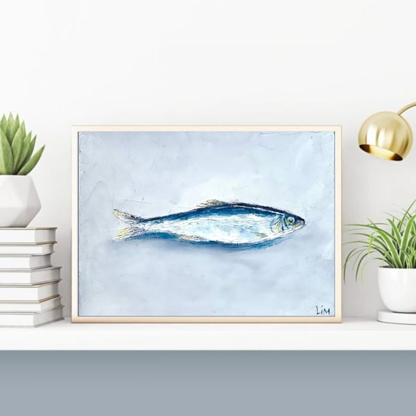 Sardine Art Original Oil Painting Kitchen Wall Art Small Decor on Canvas 8x6"