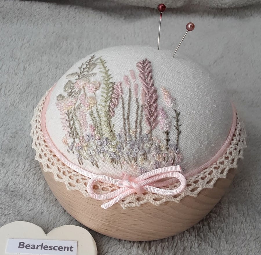 Hand Embroidered Cupcake Pin Cushion, heirloom pincushion in a bowl