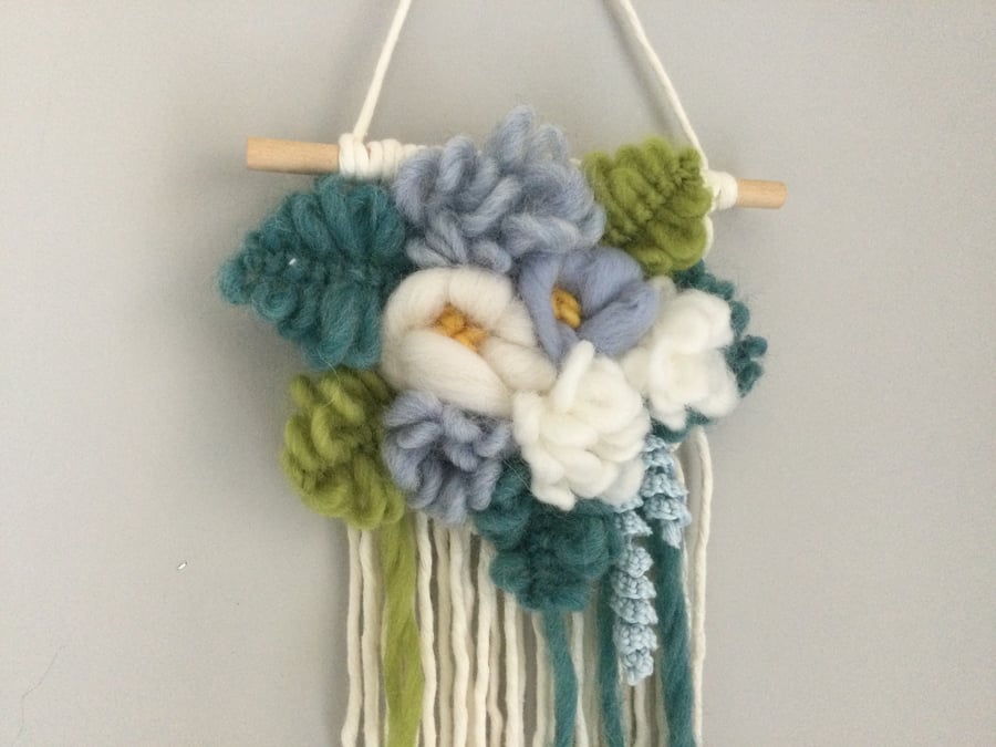 Blue and White floral macrame wall hanging, nursery decor, baby boy gift, flower
