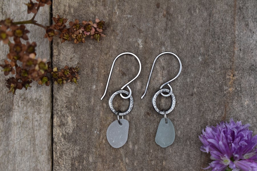 Scottish Sea Glass and Recycled Sterling Silver Earrings, White and Pale Seafoam