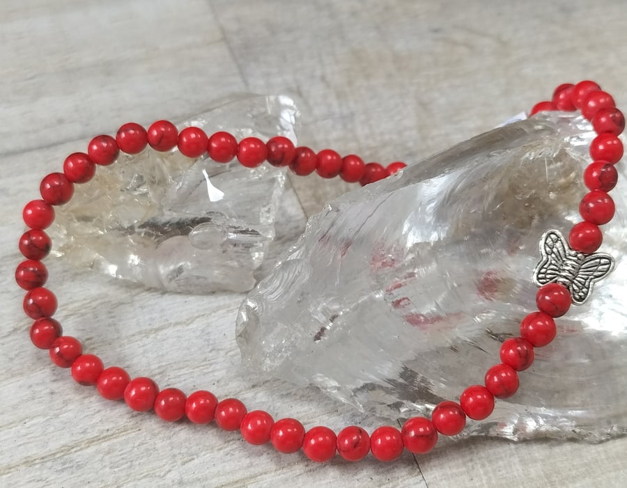 AL60 Red turquoise beaded anklet with butterfly