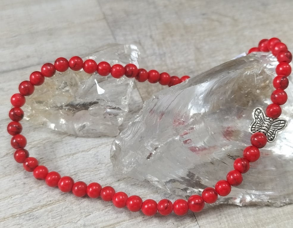 AL60 Red turquoise beaded anklet with butterfly