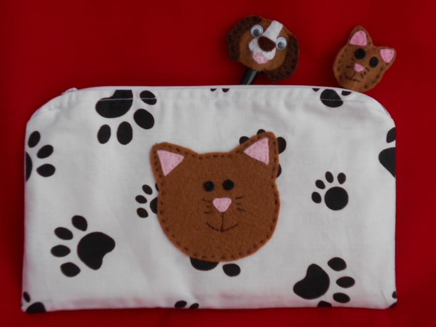 CAT Pencil case-Paw Print fabric with Applique brown CAT - cute